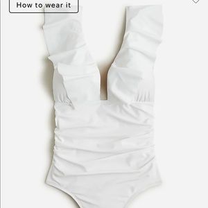 Jcrew white ruched ruffle one-piece swimsuit